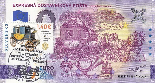 Expresná dostavníková pošta Viedeň-BA 200.výročie (EEEP 2023-1) známka+podpis A .Ferda